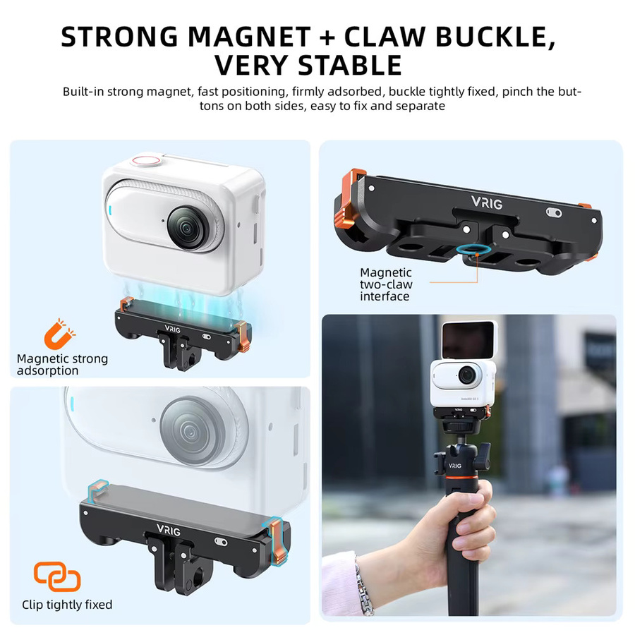 VRIG Magnetischer Schnellwechseladapter für Insta360 Go 3 und GO 3S, Typ-C-Kamerahalterung mit wiederaufladbarer Basis, 1/4 Zoll Schraube und GoPro-Anschluss, Schwarz - Bild 4
