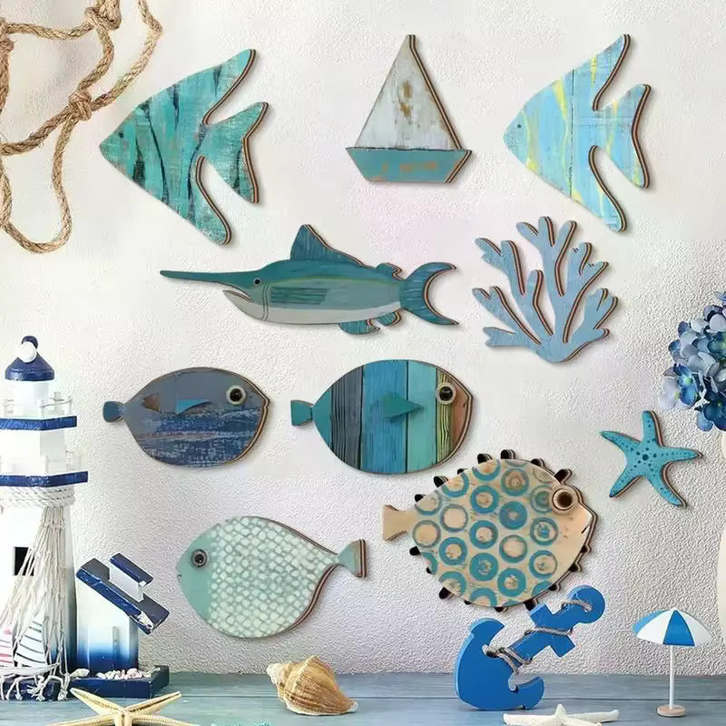 JETTING 10er Set Wanddekoration aus Holz in Blau und Braun im maritimen Fisch-Design für Badezimmer und Wohnraum - Bild 2