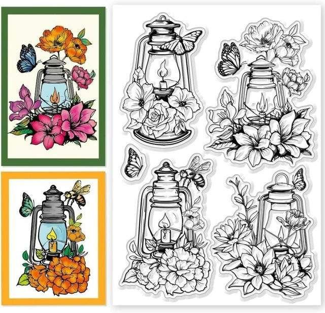Transparente Silikonstempel Set mit Motiven wie Kerzenständer, Blume, Schmetterling und Biene in klarer Ausführung - Bild 1