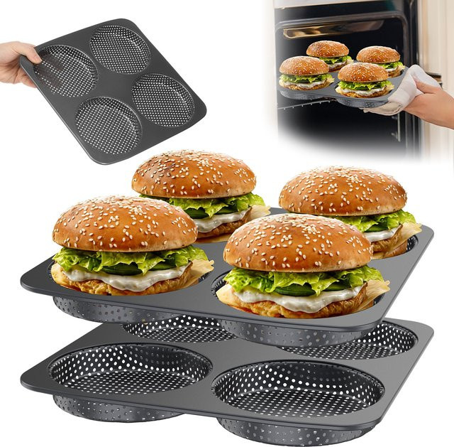 Willstar 4-Fach Hamburgerbrötchen-Backform aus Kohlenstoffstahl, Antihaft-Beschichtung, Schwarz - Bild 1