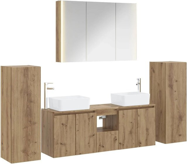 6-teiliges vidaXL Badezimmermöbel-Set in Artisan-Eiche mit Glas und LED-Beleuchtung, Braun - Bild 1