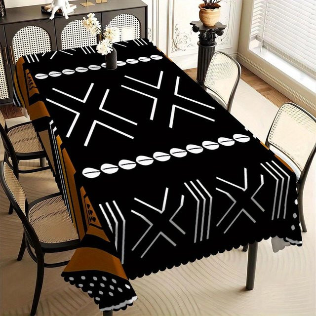 Schmutzabweisende Tischdecke von JINGYUE Pet mit geometrischem Mudcloth-Druck in Schwarz, B/B: 90 x 140 cm - Bild 1