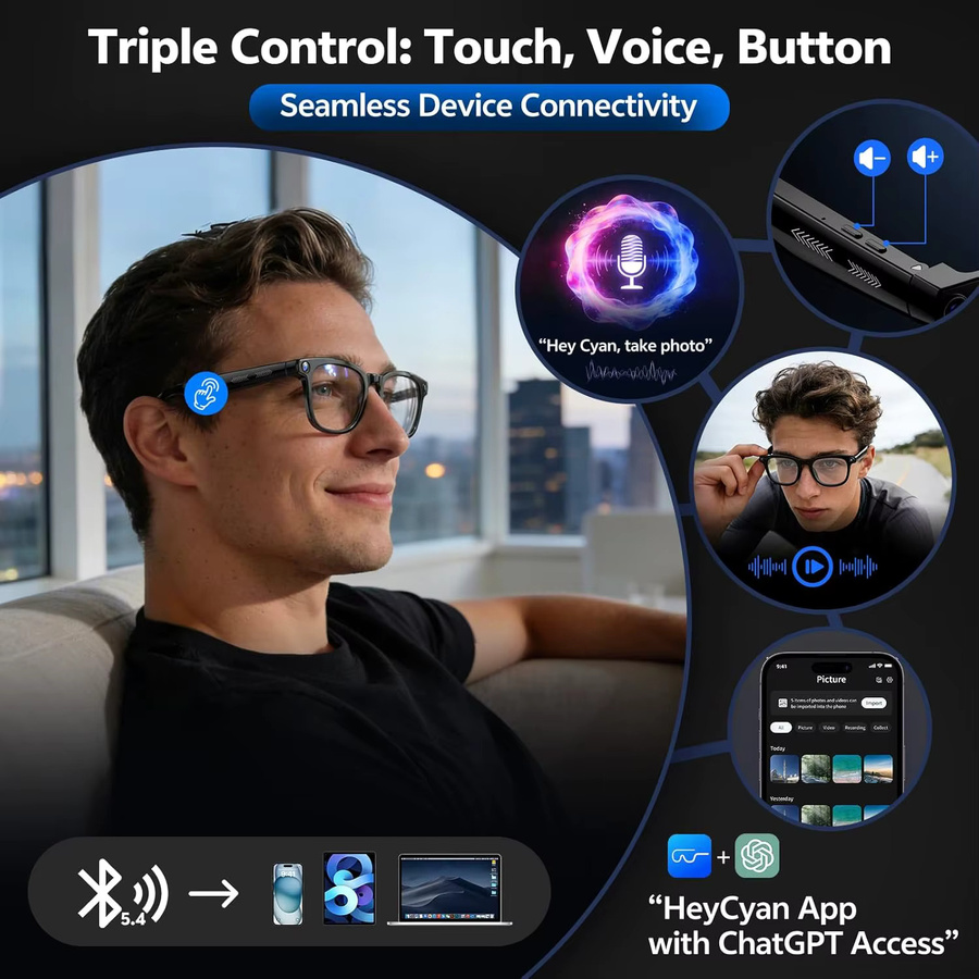 GUHUAVMI Smarte KI-Sonnenbrille mit 4K 800W Kamera, ChatGPT, 16GB Speicher und 120+ Übersetzungen in Schwarz und Transparent - Bild 5
