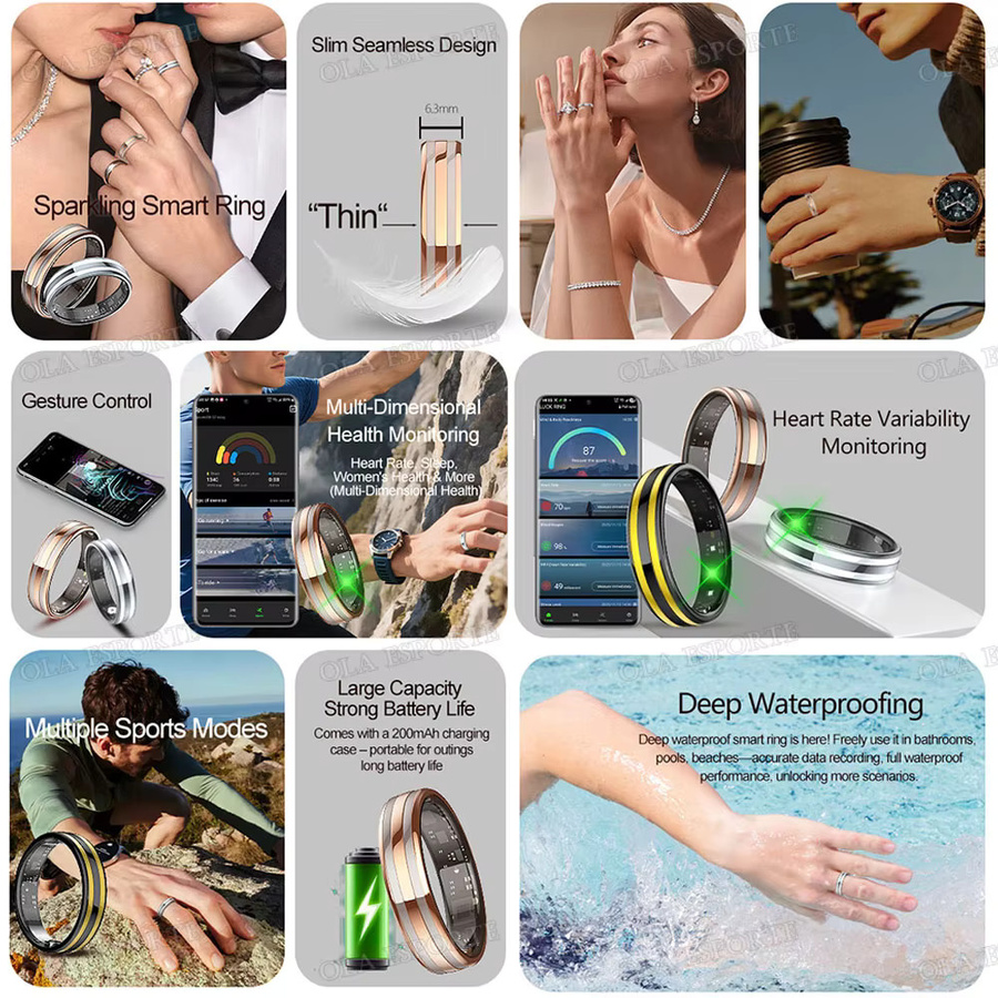 Ola Esporte Smart Ring mit Gestensteuerung und Gesundheitsmonitor in Schwarz zur Messung von Herzfrequenz, Blutsauerstoff und HRV, wasserfest - Bild 2