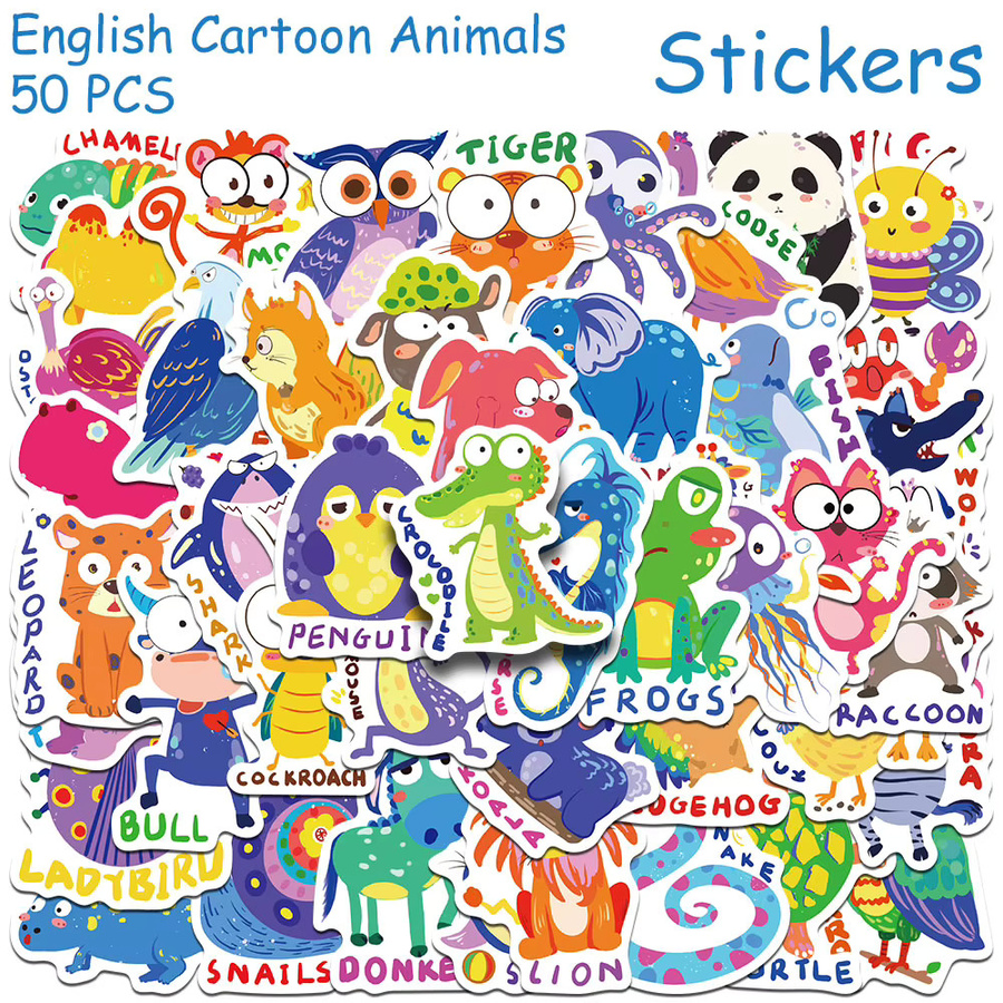 50 Stück englische Cartoon-Tier Aufkleber in Multicolour für Laptop, Skateboard und DIY-Projekte - Bild 2