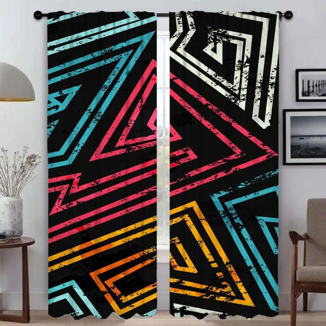 2er-Set bunte Tüll-Innenvorhänge mit grafischem Muster für Wohnzimmer und Schlafzimmer, halbtransparent, Breite: 50 cm, Höhe: 70 cm - Bild 1