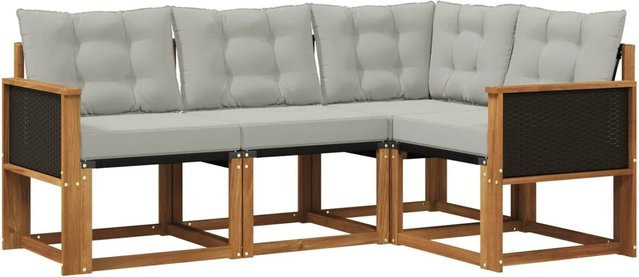 vidaXL Outdoor-Sofagarnitur L-Form aus Akazienholz mit Textilene und grauen Kissen - Bild 1