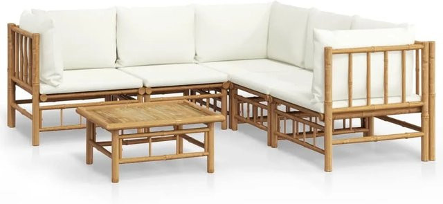 vidaXL 6-tlg Garten-Lounge-Set aus geöltem Bambus mit cremeweißen Polyesterkissen in Braun und Weiß - Bild 1