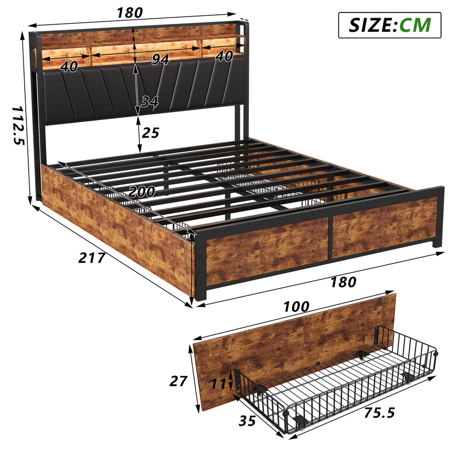 Polsterbett Doppelbett mit LED-Beleuchtung und 4 Schubladen in Schwarz, B/T: 180 x 200 cm - Bild 2
