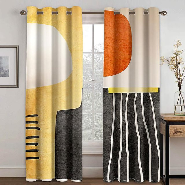 Moderne Vorhänge mit geometrischem Kreis-Design in Schwarz-Weiß, 2 Paneele, halbtransparent, B: 120 cm, H: 270 cm - Bild 1