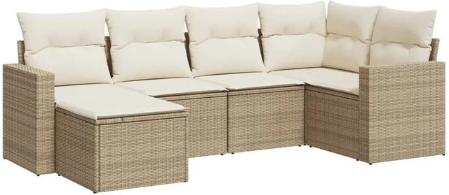 vidaXL 6-teilige Garten-Sofagarnitur in L-Form aus beige farbenem PE-Rattan mit cremeweißen Polsterkissen und pulverbeschichtetem Stahlgestell - Bild 1