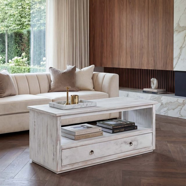 MCW Couchtisch aus Paulowniaholz im Shabby-Look in Weiß - Bild 1