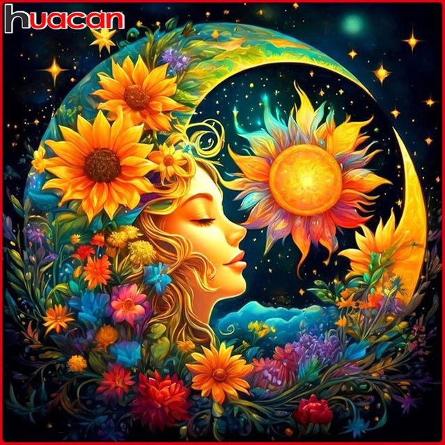 Huacan 5D-Diamantgemälde zum Selbermachen mit Sonnenblume und Mond Motiv, Multicolour, B/H: 20 x 20 cm - Bild 1