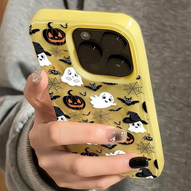Stoßfeste Silikon Handyhülle mit Halloween Kürbis Geist und Fledermaus Muster für Apple iPhone 11 bis iPhone 17 Pro Max in Gelb - Bild 1