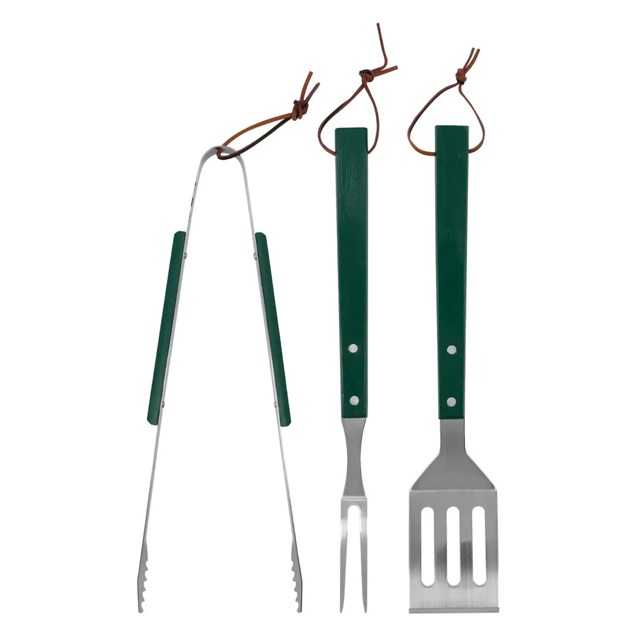 Nicolas Vahé BBQ Grillset aus Akazienholz und Edelstahl in Grün, 3-teiliges Set mit Gabel, Zange und Spatel - Bild 1