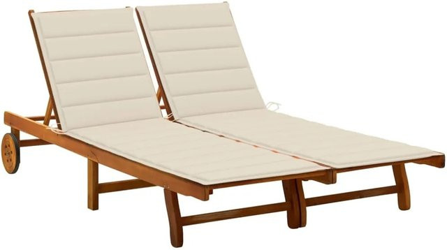 vidaXL 2-Personen-Sonnenliege aus Akazie Massivholz mit Auflagen in Cremeweiß und Braun, inklusive verstellbarer Kopfstütze und Rollen - Bild 1