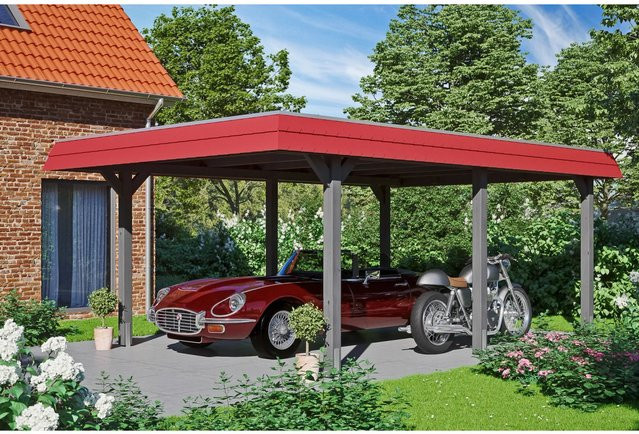 Wendland Skan Holz Carport aus Fichte in Schiefergrau mit Aluminium-Dach und roter Blende, B: 628 cm, T: 409 cm, H: 247 cm - Bild 1