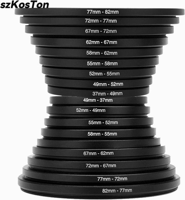 SZKOSTON Kamera Objektiv Filter Step Up & Down Ring Adapter Set aus Metall in Schwarz für DSLR, 9/18 Stück Kit mit 37-82mm und 82-37mm Mount - Bild 1