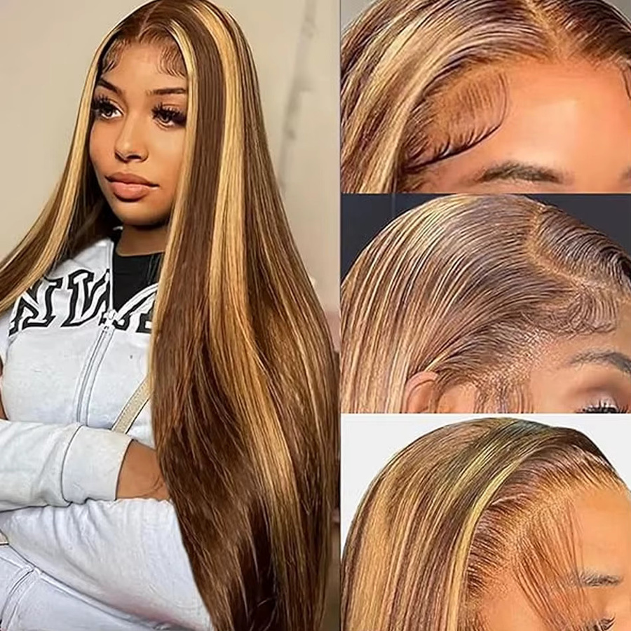 Lace Front Perücke aus Echthaar, 30 Zoll, Ombre 4/27, glatt, Honigblond, Damen - Bild 4