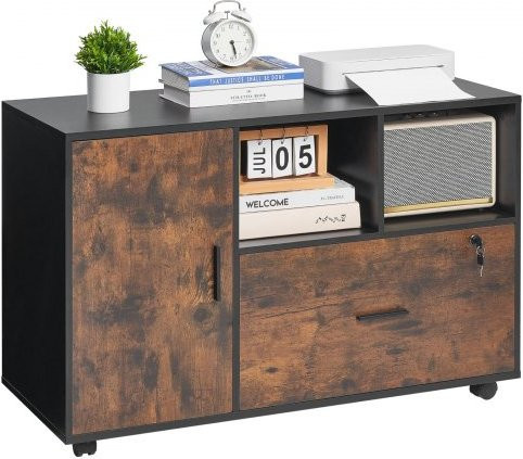 VEVOR Mobiler Aktenschrank aus Holz in Rustikalem Braun mit offenen Regalen und verstellbaren Fächern, abschließbarer Rollschrank und Druckerständer, B/T/H: 93,0 x 40,0 x 63,5 cm - Bild 1