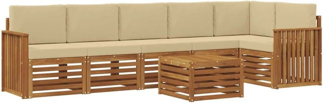 vidaXL Sofagarnitur 7-teilig aus Akazie Massivholz in Natur und Beige mit L-Form und Polsterkissen - Bild 1