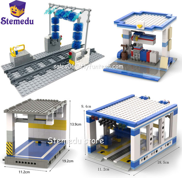 MOC Baustein Set Tankstelle und Autowaschanlage mit Garage und Fahrzeugen, Mehrfarbig - Bild 1