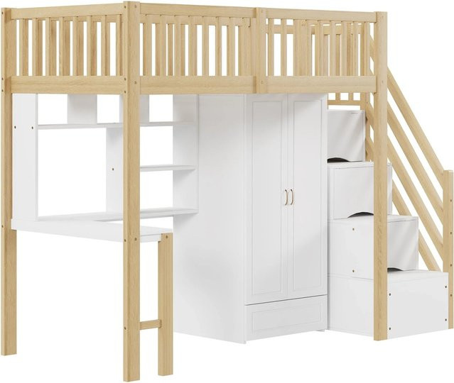 Merax Hochbett für Erwachsene aus Kiefernholz und MDF in Weiß mit Schrank, Tisch und Treppe, B/T/H: 200 x 90 x 240 cm - Bild 1