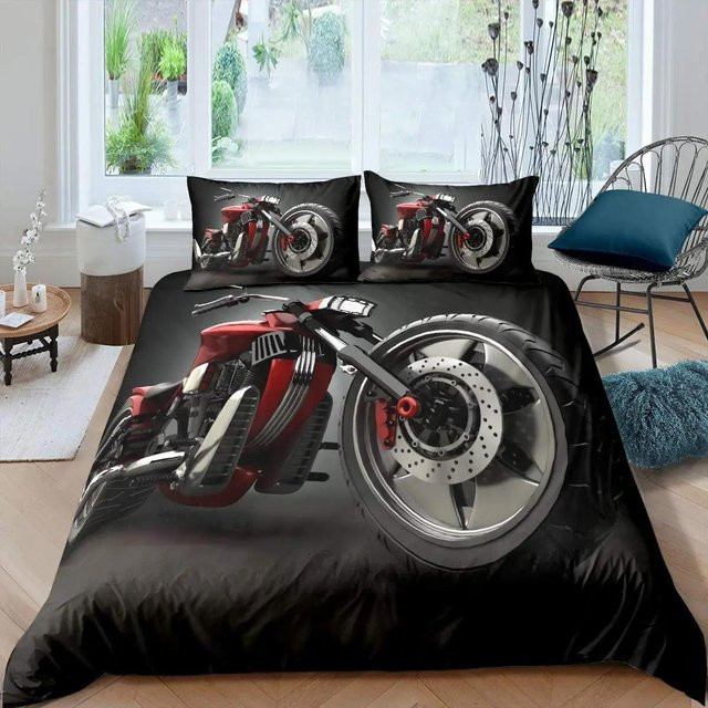 3D Motorrad Bettwäscheset von Your Warm Home in Braun und Schwarz, bestehend aus Bettbezug und 2 Kissenbezügen, B/H: 135 x 200 cm, Kissen: 50 x 70 cm - Bild 1
