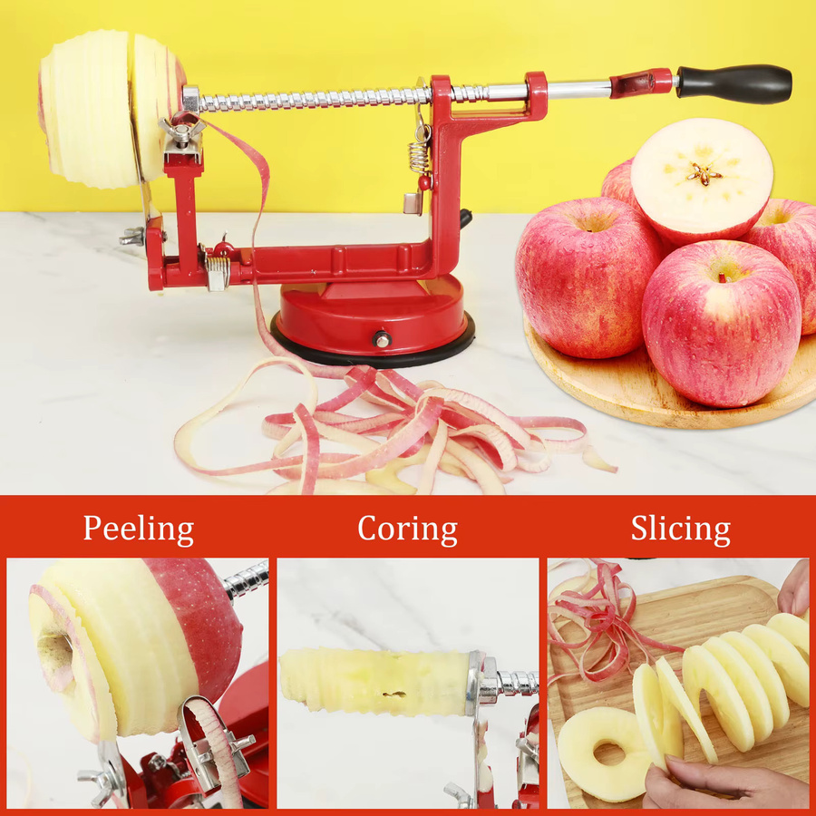 Willstar 3-in-1 Apfelschäler aus Edelstahl in Rot und Silber als manueller Obstschäler mit Schneidewerkzeug und Entkerner - Bild 4