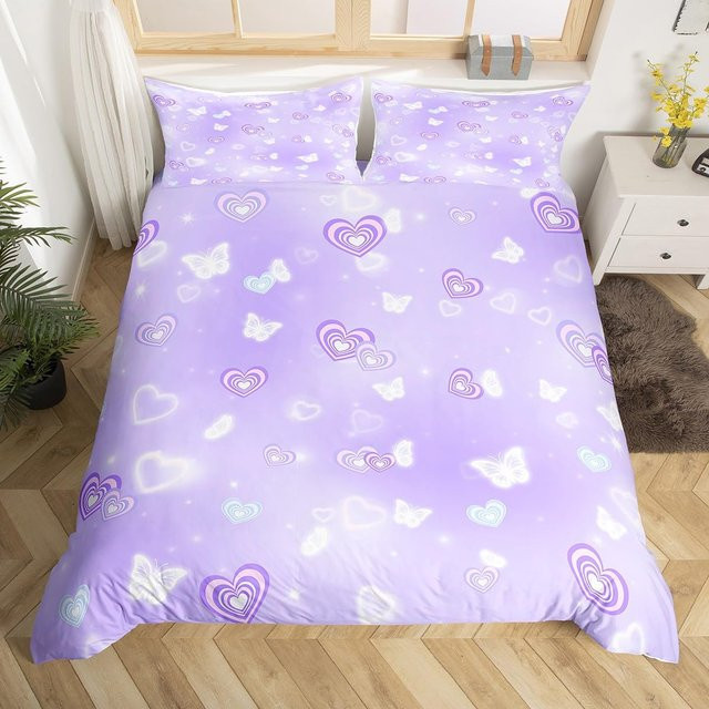 Binchi Fitness Herzförmiges Bettwäscheset aus Mikrofaser in Lila, 3-teilig mit 1 Bettbezug und 2 Kissenbezügen, B/H: 140 x 210 cm - Bild 1