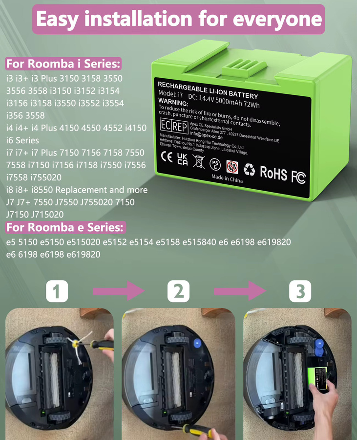Powtree Akku-Ersatz für iRobot Roomba e- und i-Serie, 14,4 V 5000 mAh, kompatibel mit i7, i7+, e5, 7150, 7550, i3, 3150, i3+, 3550, i4, 4150, i4+ - Bild 3