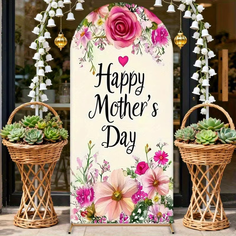 VIKAMA Muttertag Bogen-Hintergrund mit rosa Blumen-Dekoration, runder Fotokabinen-Hintergrund für deine Party, Farbe: Rosa und Mehrfarbig - Bild 3