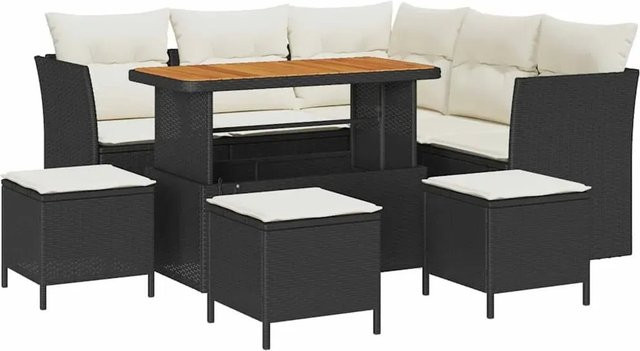 vidaXL 9-teiliges Garten-Sofa-Set aus schwarzem Polyrattan und Akazienholz mit beigen Kissen für Garten und Balkon - Bild 1