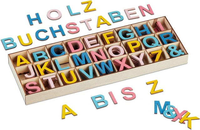Relaxdays Holzbuchstaben Set Bunt mit Sortierkasten - Bild 1