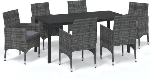 vidaXL 7-tlg Garten-Essgruppe aus Poly Rattan mit Kissen in Grau Modell 17 - Bild 1
