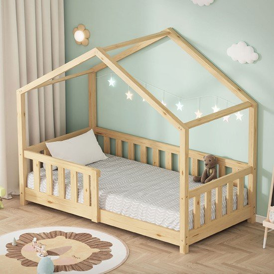 ML-Design Kinderhausbett aus Kiefernholz in Beige mit Lattenrost, B/T/H: 70 x 140 x 80 cm - Bild 1