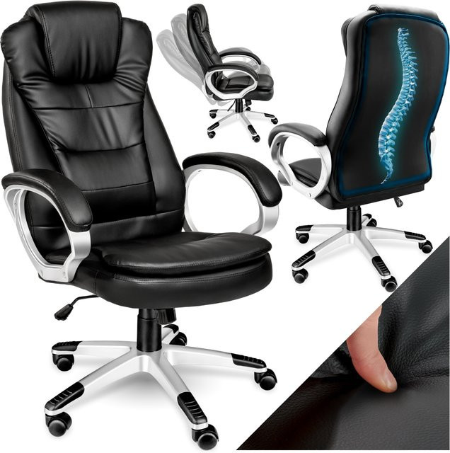 tectake Bürostuhl mit Kopfstütze in Schwarz aus Kunstleder, 360 Grad drehbar und stufenlos höhenverstellbar mit Wippfunktion und Armlehnen - Bild 1