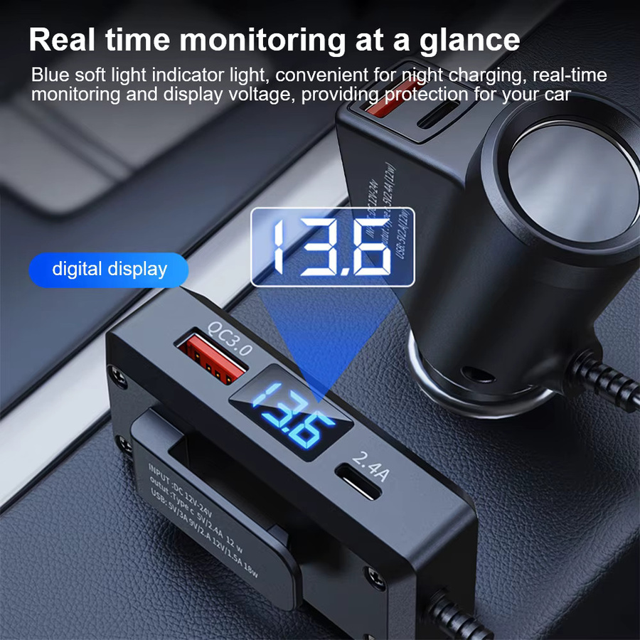 Multifunktionales Auto-Ladegerät mit Digital Display und Schnellladefunktion QC3.0 sowie PD USB-C in Schwarz - Bild 3