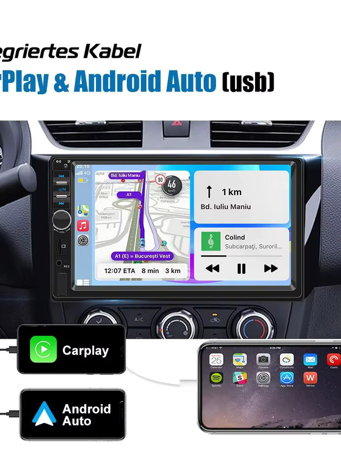ESSGOO Universal Autoradio mit 7 Zoll HD Touchscreen, Carplay und Android Auto, Bluetooth, USB, AUX und TF-Kartenslot, Schwarz - Bild 7