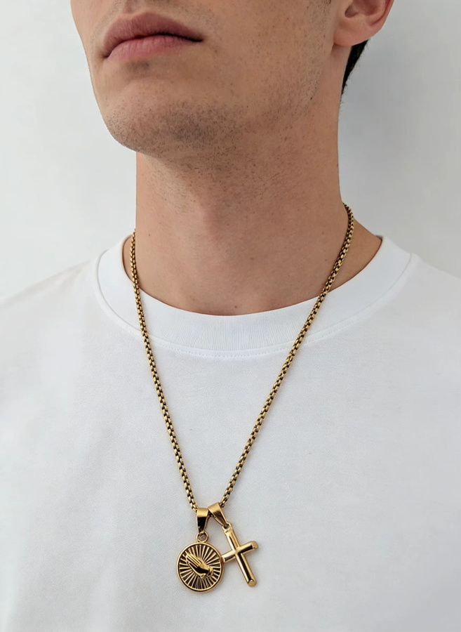 MECYLIFE Halskette Gebetshände, Kreuz, Edelstahl, Gold, Herren - Bild 2