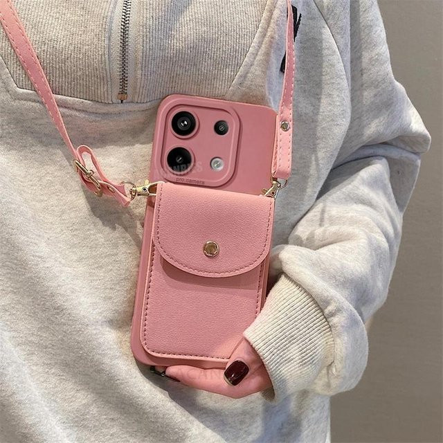 Xiaomi Crossbody Geldbörse Tasche Silikonhülle mit Kartenfach und Lanyard für Redmi Note 13 Pro 4G 5G sowie Redmi Note 13 Pro Plus 4G 5G in Pink - Bild 1