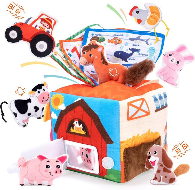 Fashnics Baby Weiche Plüschtier Taschentuchbox Bauernhoftier Haus Set, mit Geräusch, ab 0 Jahre - Bild 1