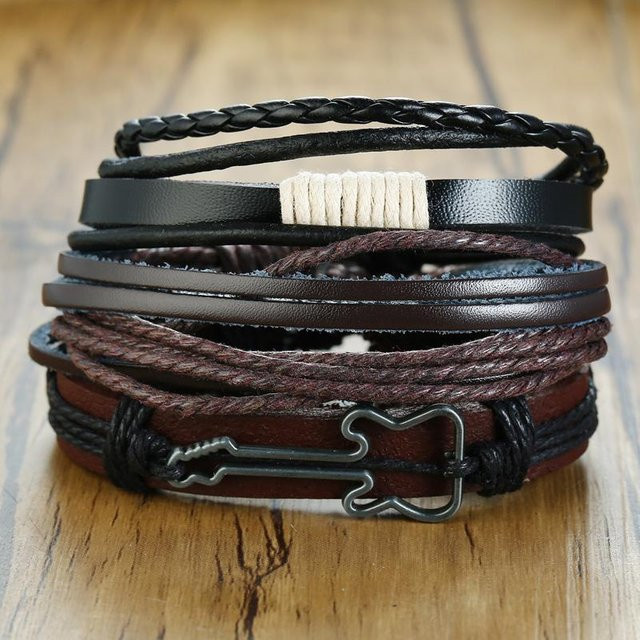 Vnox Armband, Leder, Schwarz, Vintage, Unisex - Bild 1
