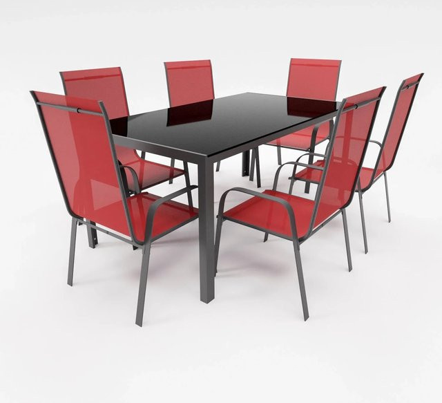 Lex Gartenmöbel Set aus Metall mit Glastisch und 6 Stapelsesseln in Burgundrot - Bild 1