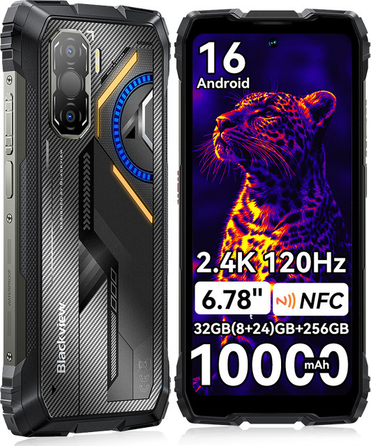 Blackview ROCK 3 Robustes Smartphone in Schwarz und Orange mit 6,78 Zoll Display, 256 GB Speicher, 32 GB RAM, Android, NFC und 10000mAh Akku - Bild 1