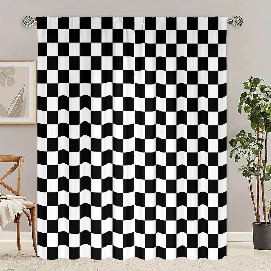 2er-Set karierte Sichtschutzvorhänge aus Polyester in modernem Design, semi-transparent, Breite: 76,2 cm, Höhe: 165,1 cm - Bild 3