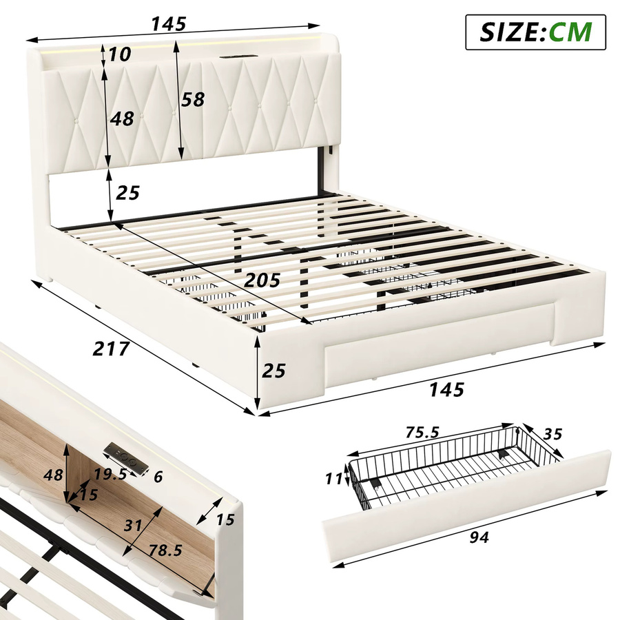 Superaly Polsterbett mit LED-Beleuchtung, 3 Schubladen und USB-Ladefunktion, Samt, Beige, B/T: 140 x 200 cm - Bild 2