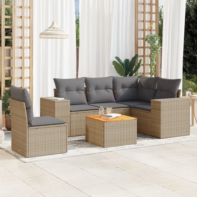 Vidaxl 6-teiliges Gartenmöbel-Set aus Polyrattan und Akazie mit Kissen in Beige - Bild 1