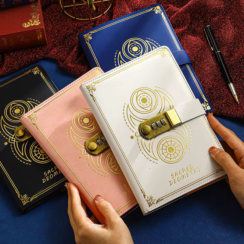 Daotshy Retro Passwortbuch A5 mit Schloss, weißes Notizbuch aus Kunstleder mit Hardcover und Kompass-Design - Bild 5