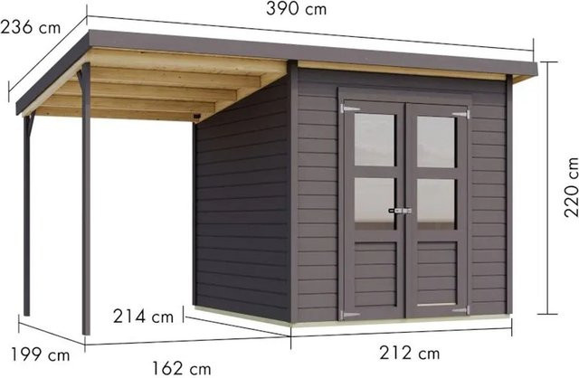 Karibu Gartenhaus Merseburg mit Anbaudach in Grau, Pentdach-Design mit Doppeltür und 14 mm Wandstärke - Bild 1